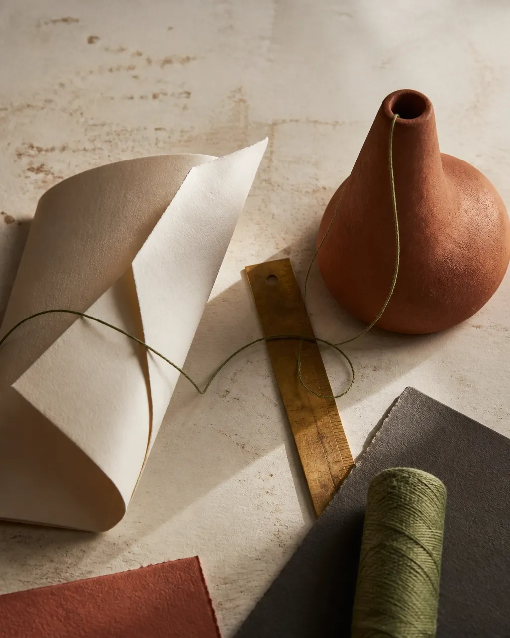 Paper, thread, a wooden ruler, and a clay vessel in warm light